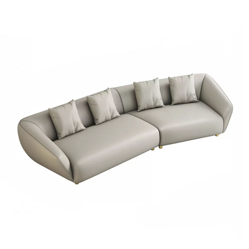Glam Sloped Arm Sofa with Pillows Genuine Leather Sofa in Gray
