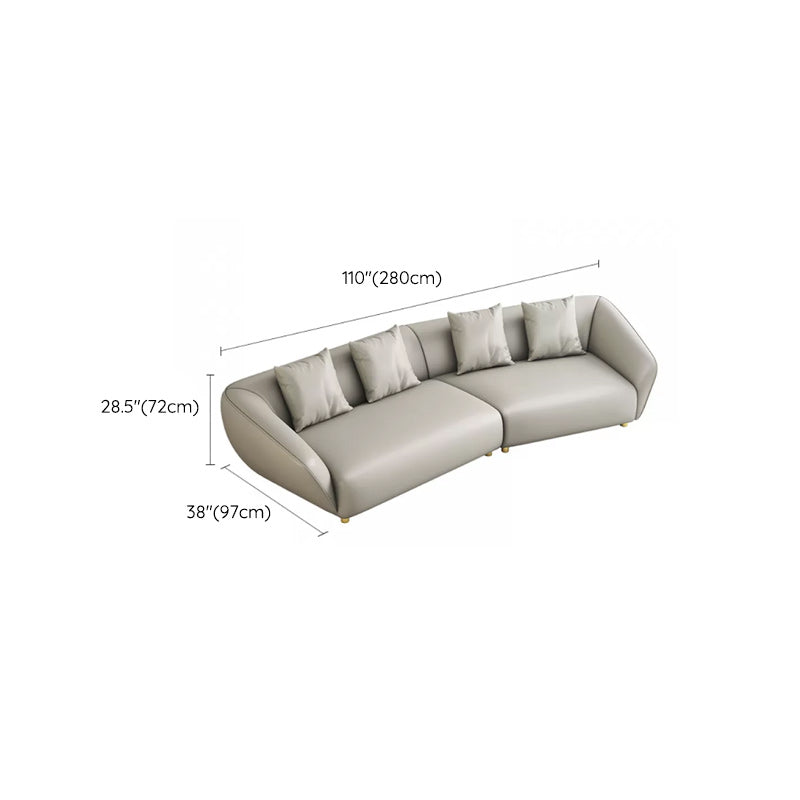 Glam Sloped Arm Sofa with Pillows Genuine Leather Sofa in Gray