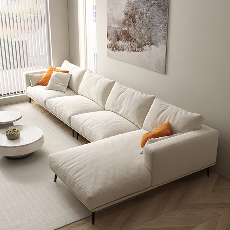 Square Arm Loose Back Sofa and Chaise Slipcovered White Fabric Sofa