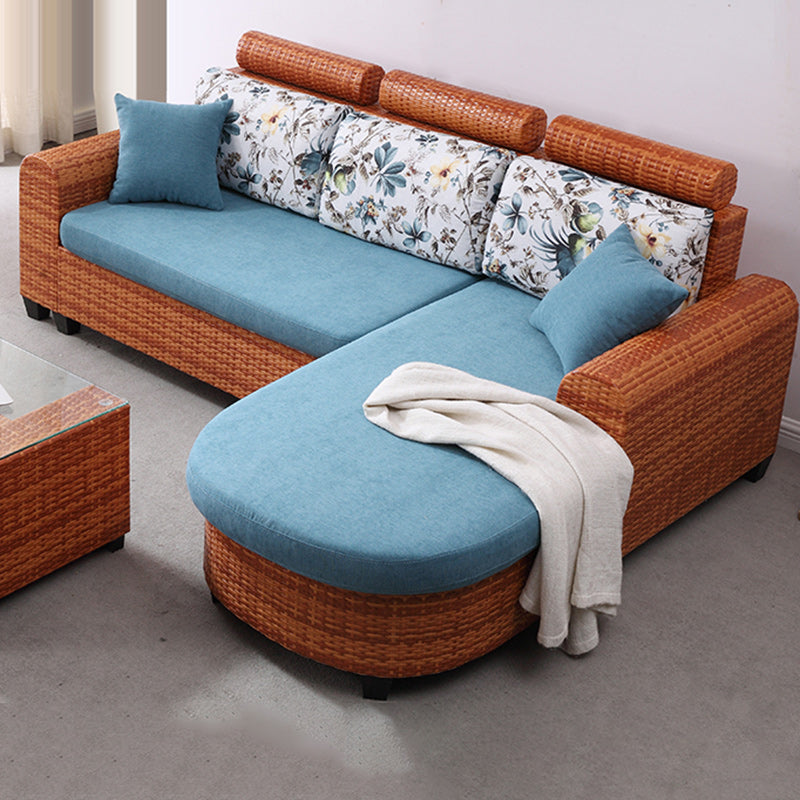 3-Seater Tropical Rattan Sofa with Chaise Brown Scroll Arm Loose Back Sofa