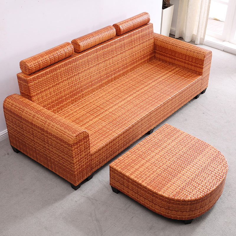 3-Seater Tropical Rattan Sofa with Chaise Brown Scroll Arm Loose Back Sofa