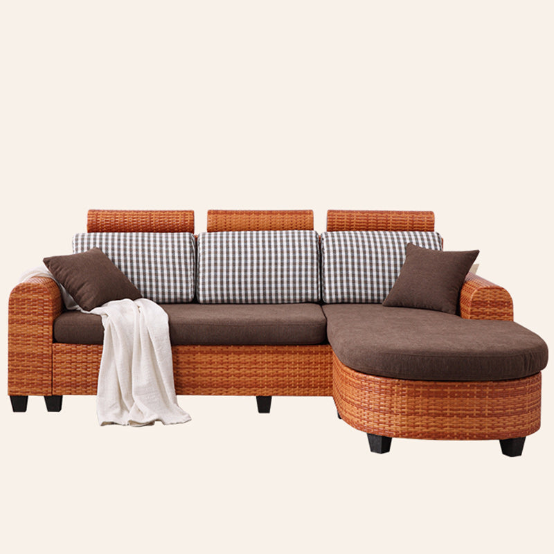 3-Seater Tropical Rattan Sofa with Chaise Brown Scroll Arm Loose Back Sofa