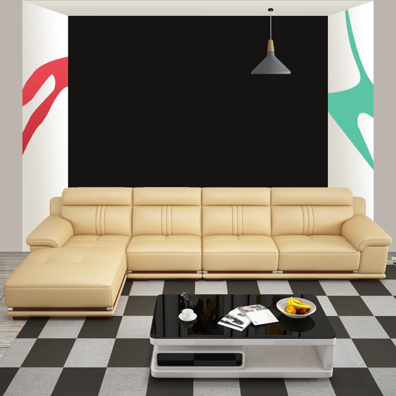 Genuine Leather Sectional Sofa Beige Pillow Top Arm Sofa with Cushion Back