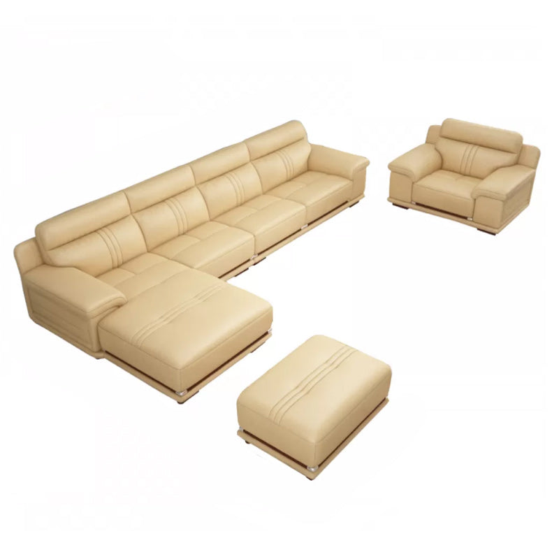 Genuine Leather Sectional Sofa Beige Pillow Top Arm Sofa with Cushion Back