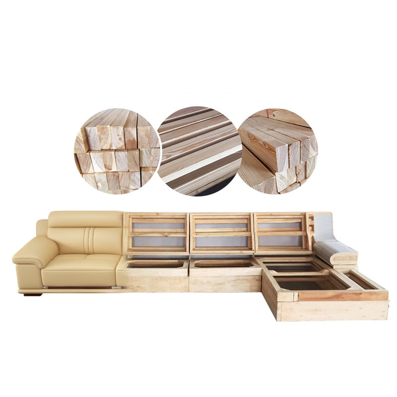 Genuine Leather Sectional Sofa Beige Pillow Top Arm Sofa with Cushion Back