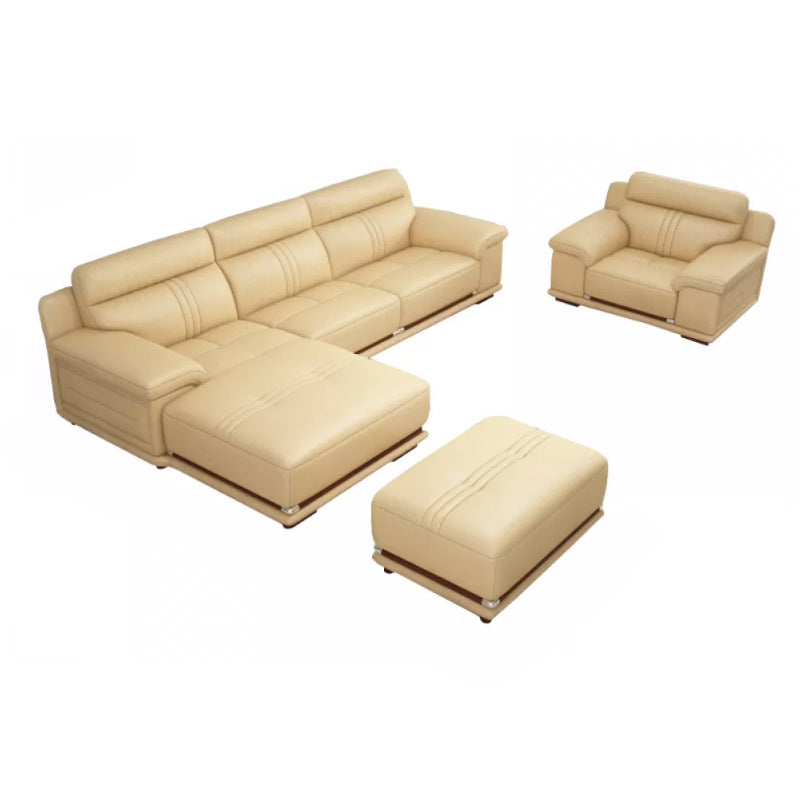 Genuine Leather Sectional Sofa Beige Pillow Top Arm Sofa with Cushion Back