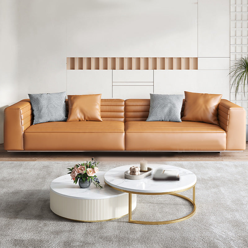 Genuine Leather Square Arm Sofa Pillows Orange Living Room Seating