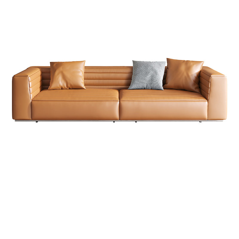 Genuine Leather Square Arm Sofa Pillows Orange Living Room Seating