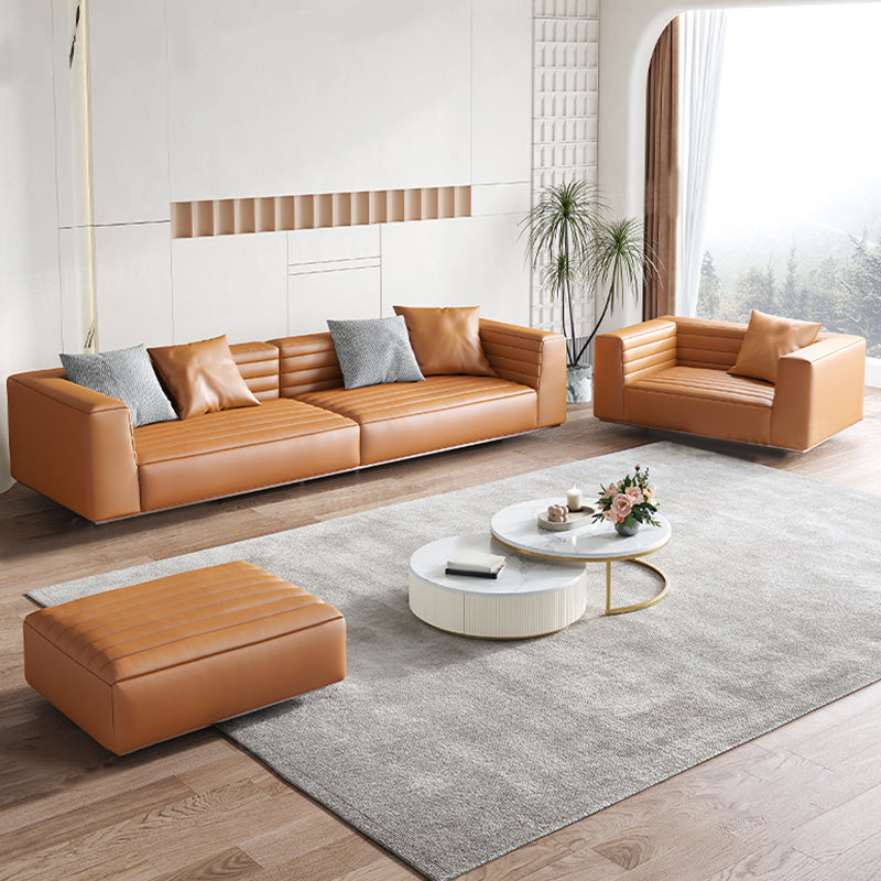 Genuine Leather Square Arm Sofa Pillows Orange Living Room Seating