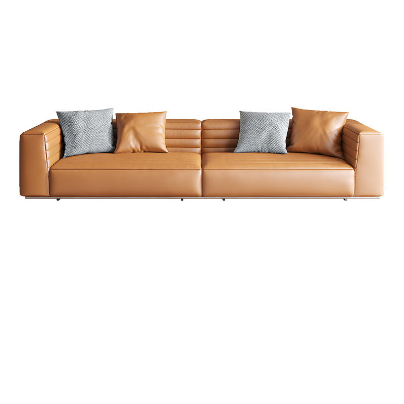Genuine Leather Square Arm Sofa Pillows Orange Living Room Seating