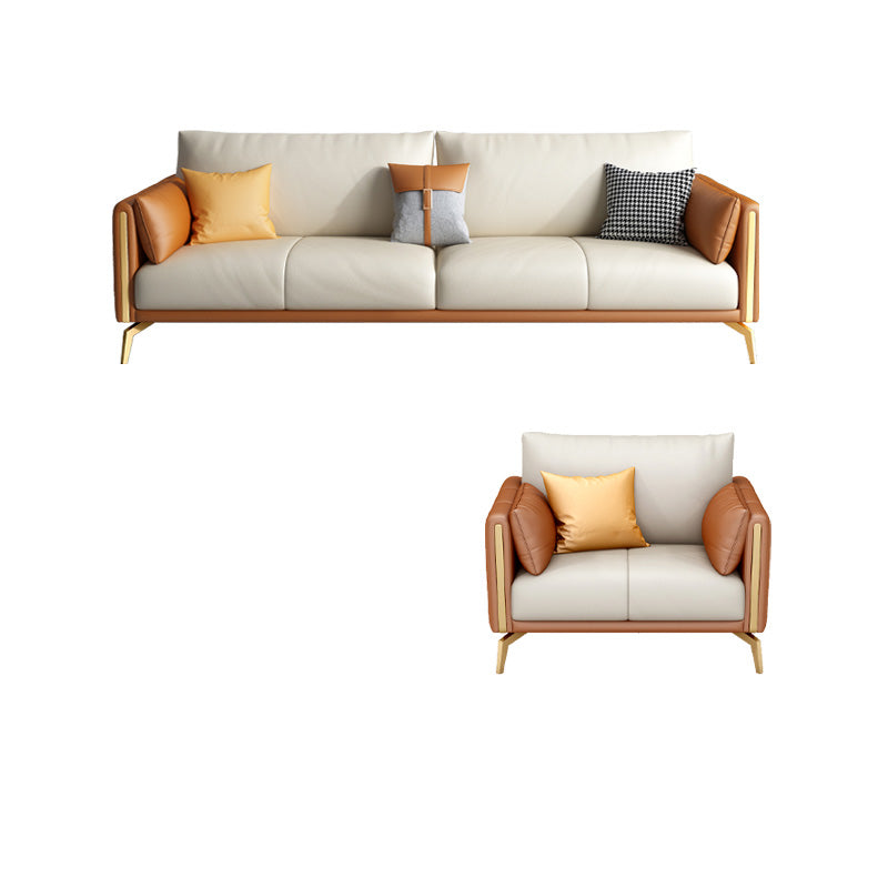 Faux Leather Square Arm Sofa with Chaise in Orange & Beige Loose Back Cushions Sofa