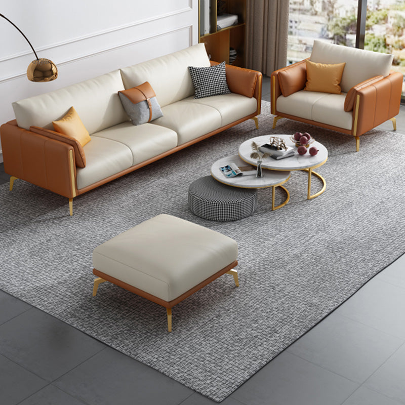 Faux Leather Square Arm Sofa with Chaise in Orange & Beige Loose Back Cushions Sofa