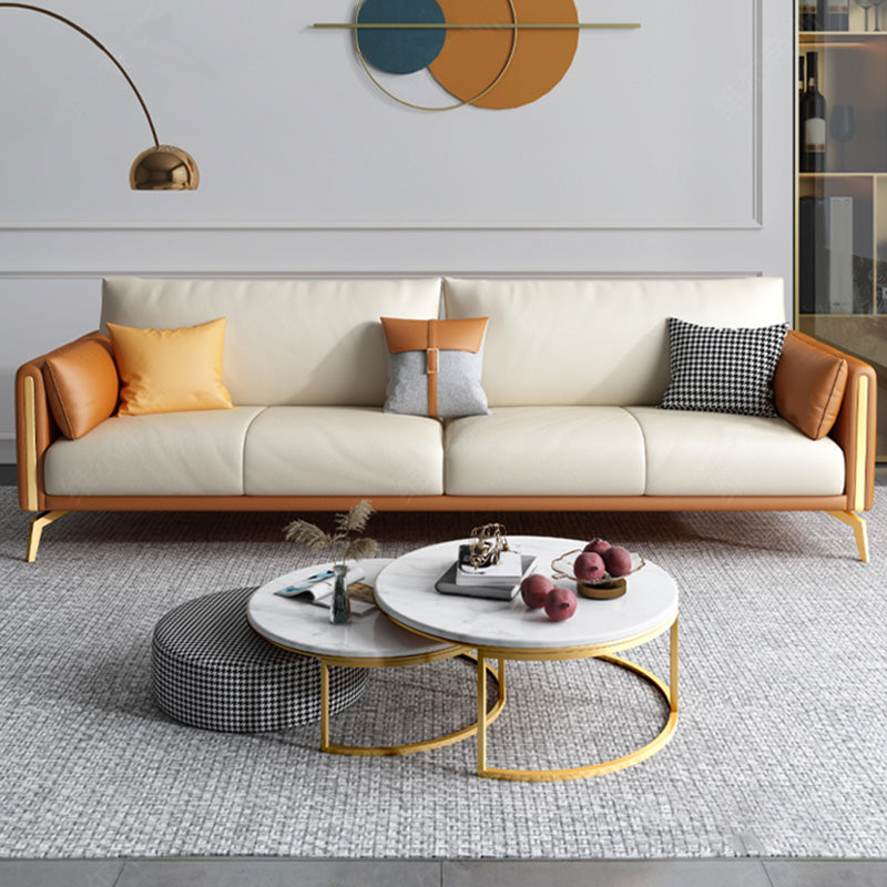 Faux Leather Square Arm Sofa with Chaise in Orange & Beige Loose Back Cushions Sofa