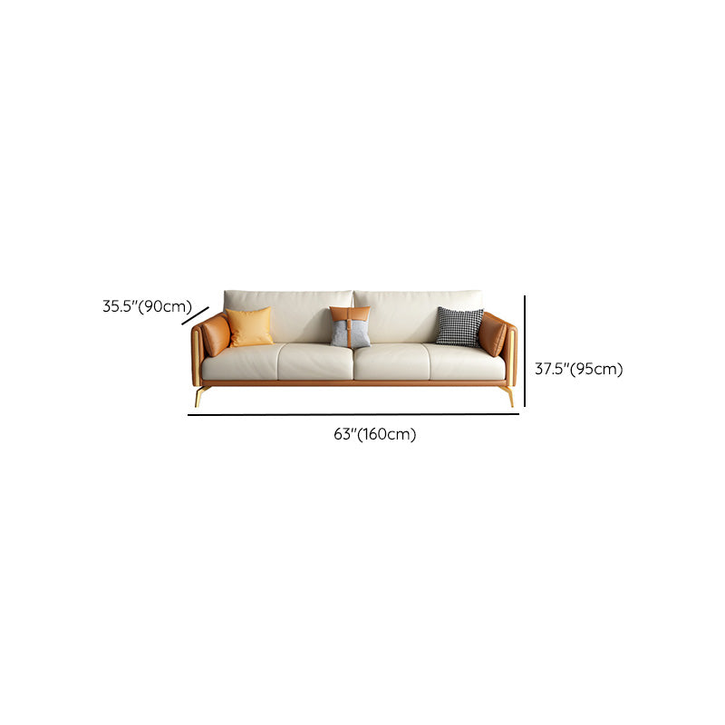 Faux Leather Square Arm Sofa with Chaise in Orange & Beige Loose Back Cushions Sofa