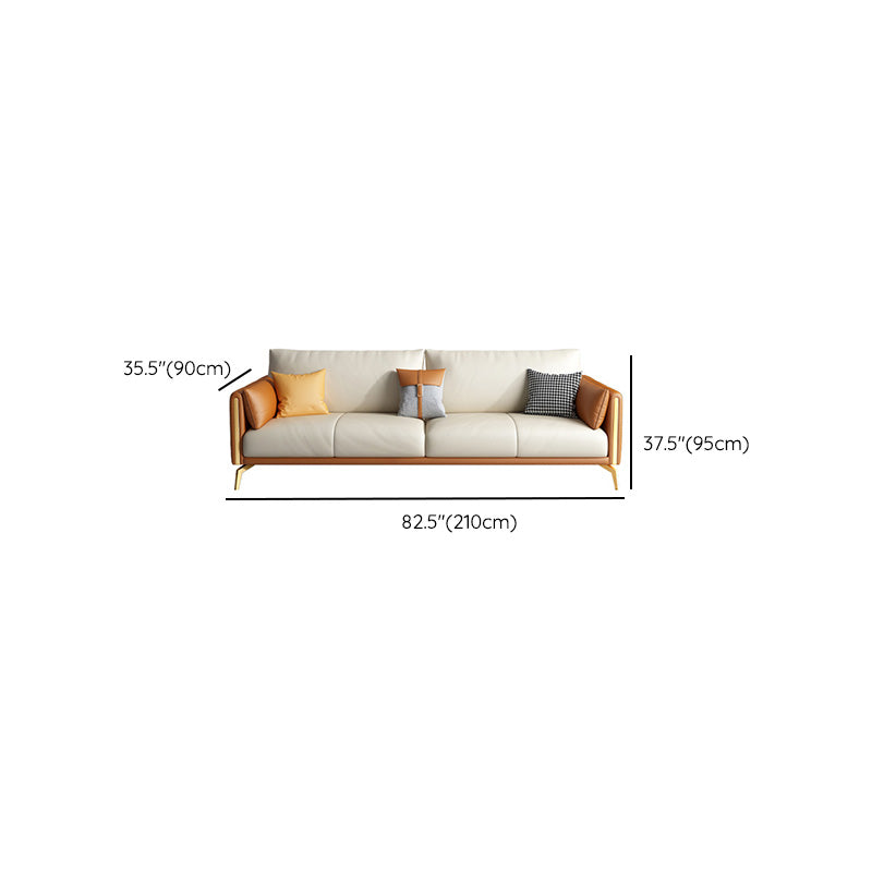 Faux Leather Square Arm Sofa with Chaise in Orange & Beige Loose Back Cushions Sofa