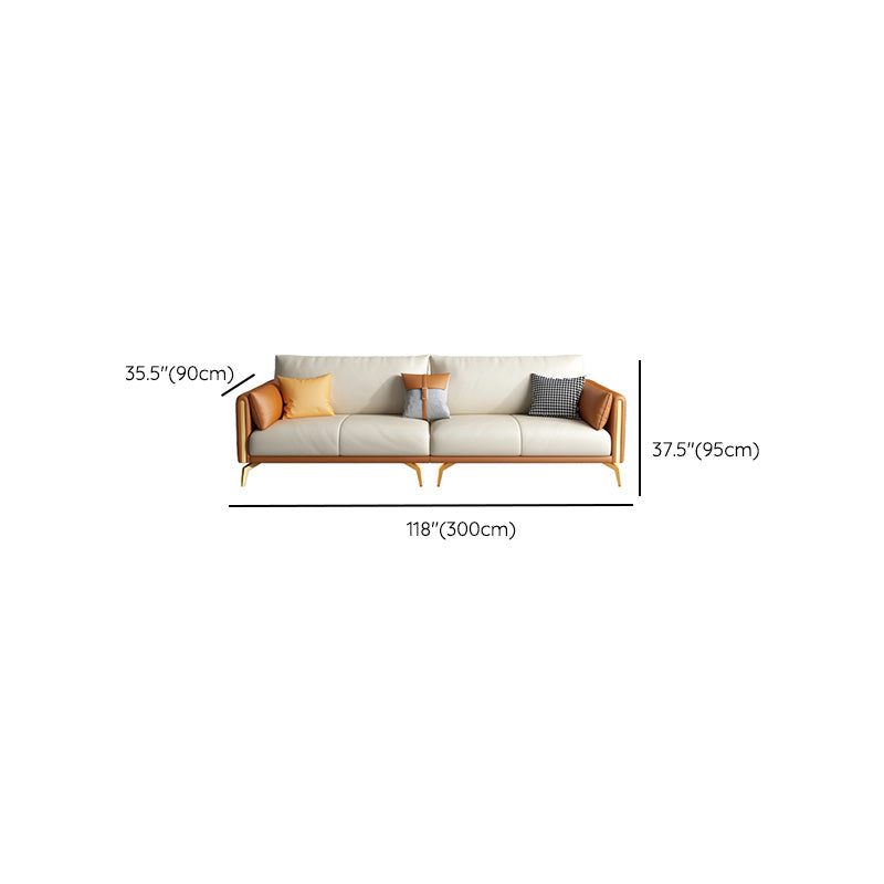 Faux Leather Square Arm Sofa with Chaise in Orange & Beige Loose Back Cushions Sofa
