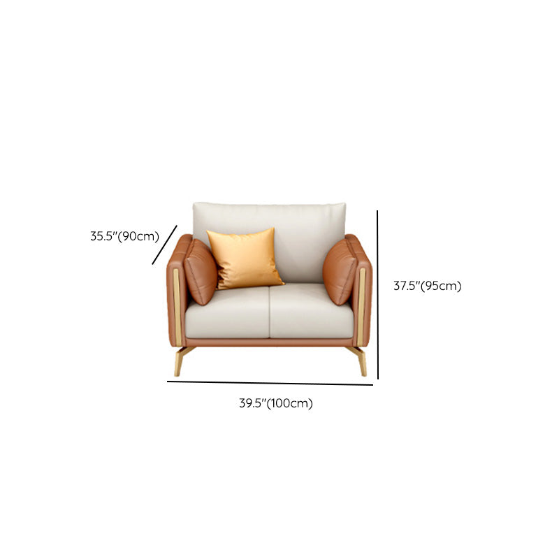 Faux Leather Square Arm Sofa with Chaise in Orange & Beige Loose Back Cushions Sofa