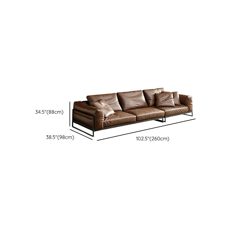 Square Arm Loose Back Sofa Mid Century Modern Genuine Leather Sofa in Brown