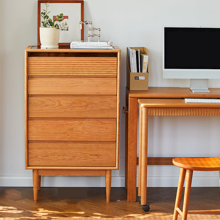 Mid-Century Modern Chest with 5 Drawers and Glass Top in Natural