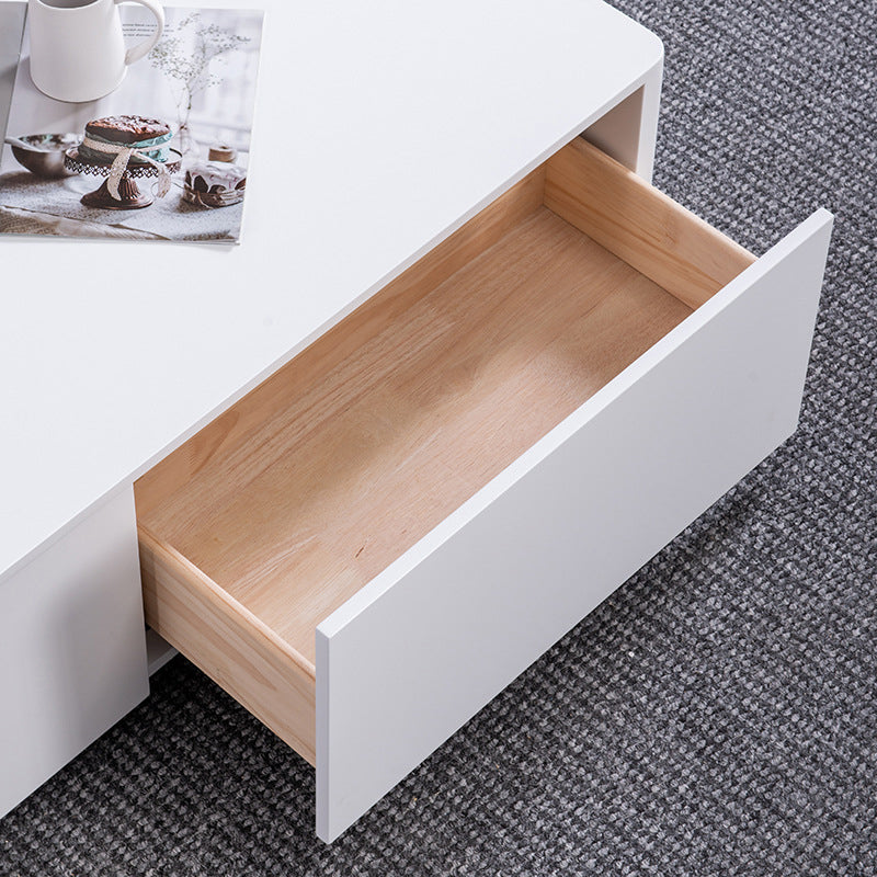4 Drawers Contemporary Coffee Table in White Solid Wood 13.8" H Cocktail Table