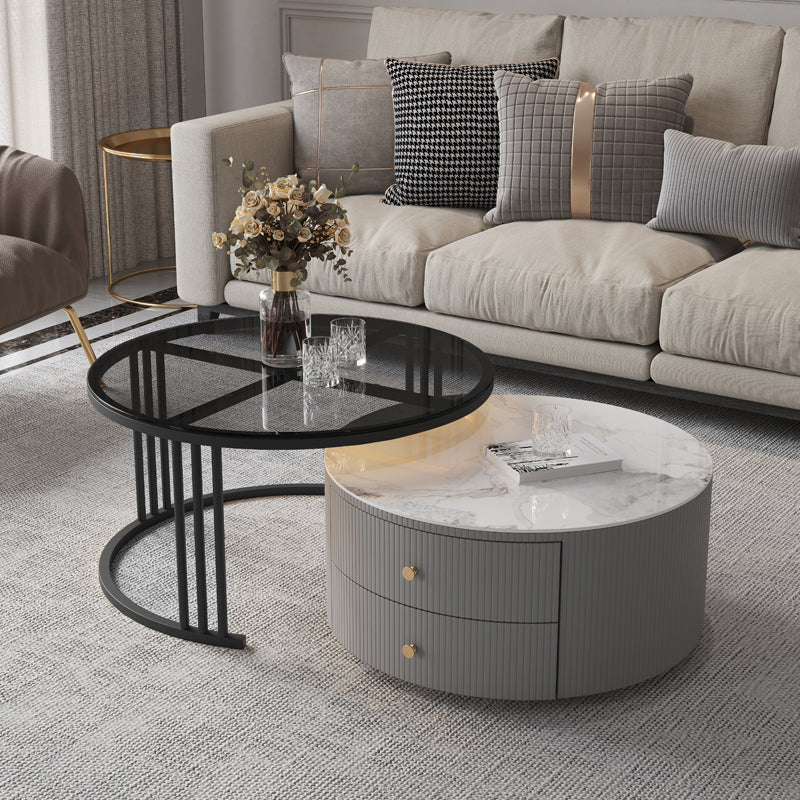 Contemporary Cocktail Table Round Glass / Slate Coffee Table with Drawers