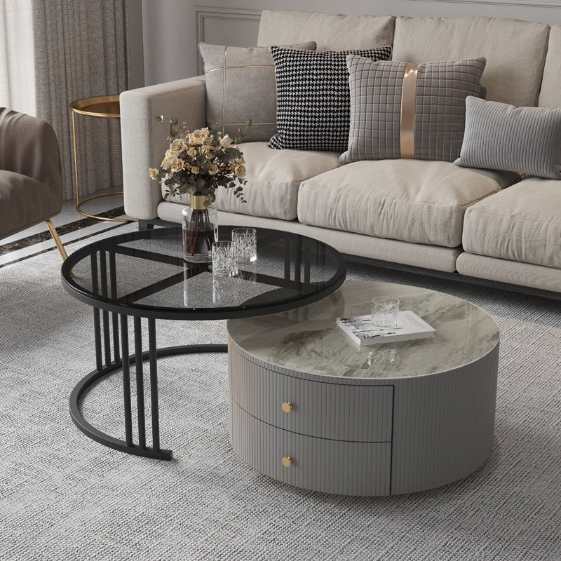 Contemporary Cocktail Table Round Glass / Slate Coffee Table with Drawers