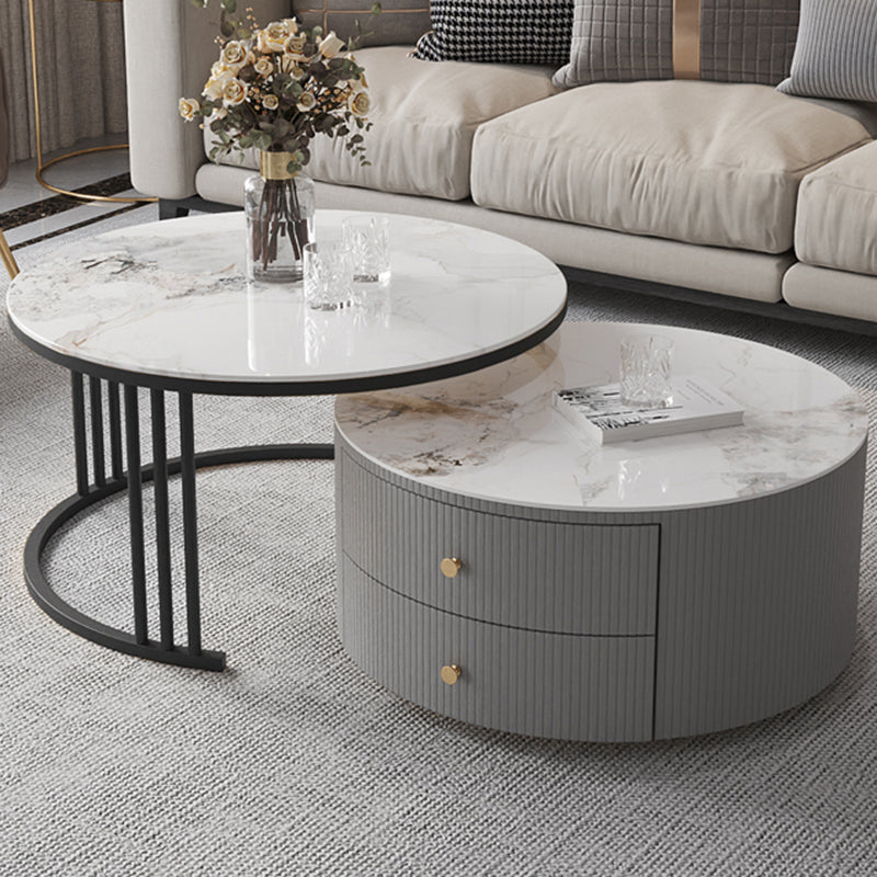 Contemporary Cocktail Table Round Glass / Slate Coffee Table with Drawers