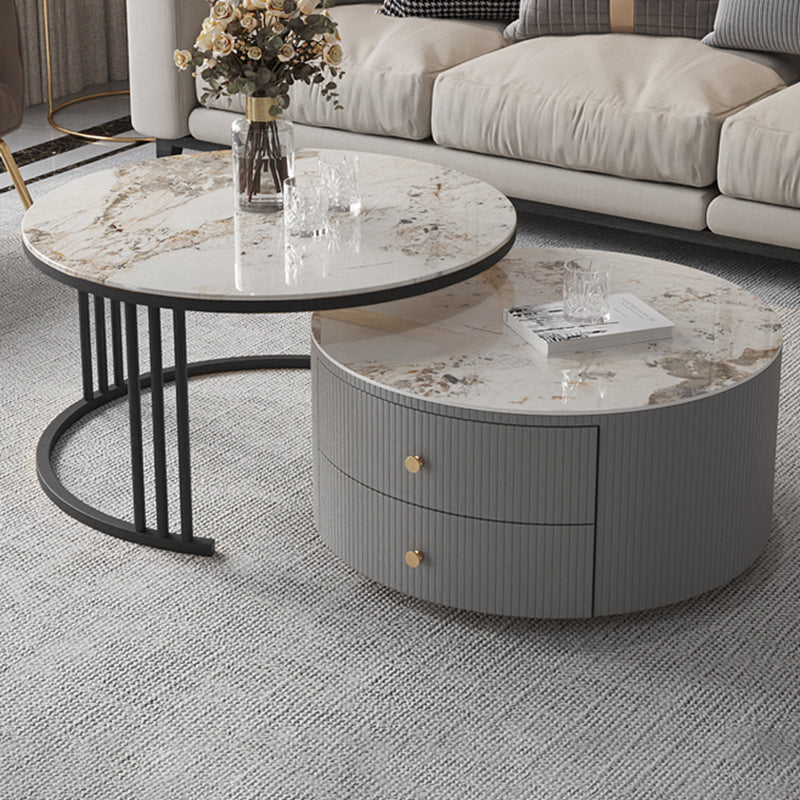 Contemporary Cocktail Table Round Glass / Slate Coffee Table with Drawers
