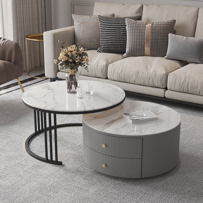Contemporary Cocktail Table Round Glass / Slate Coffee Table with Drawers