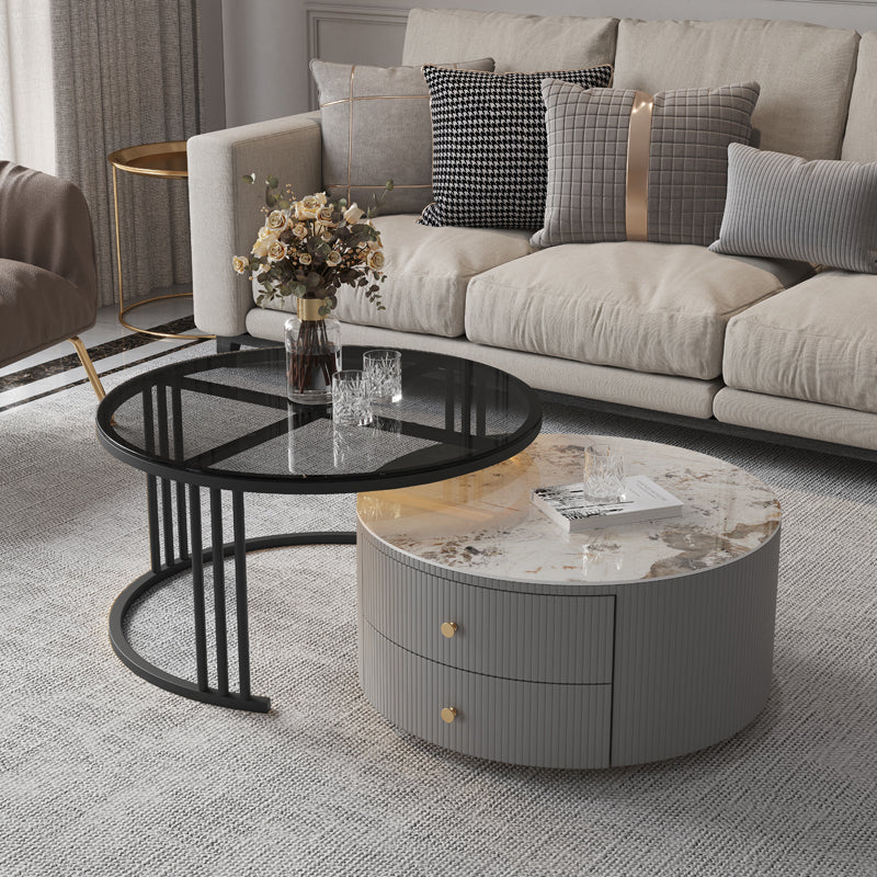 Contemporary Cocktail Table Round Glass / Slate Coffee Table with Drawers