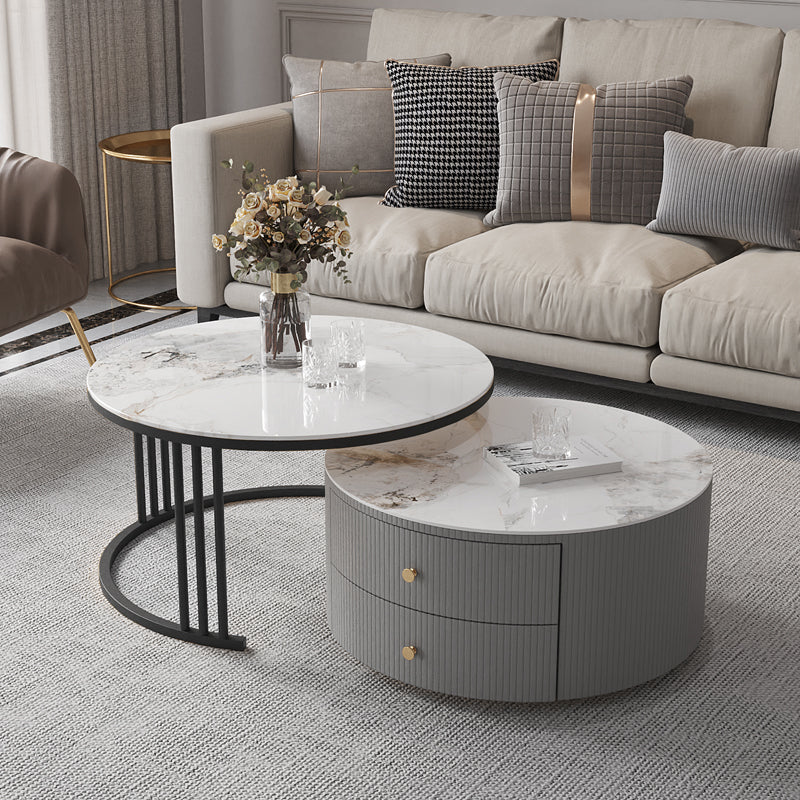 Contemporary Cocktail Table Round Glass / Slate Coffee Table with Drawers