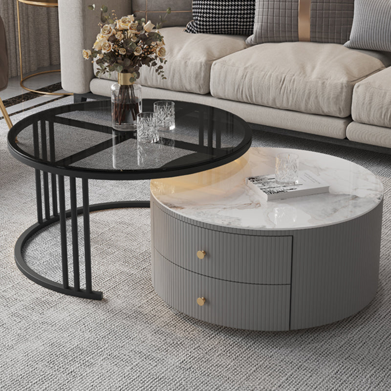 Contemporary Cocktail Table Round Glass / Slate Coffee Table with Drawers