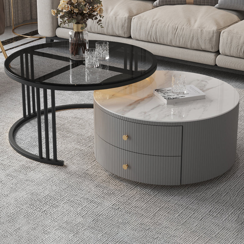 Contemporary Cocktail Table Round Glass / Slate Coffee Table with Drawers