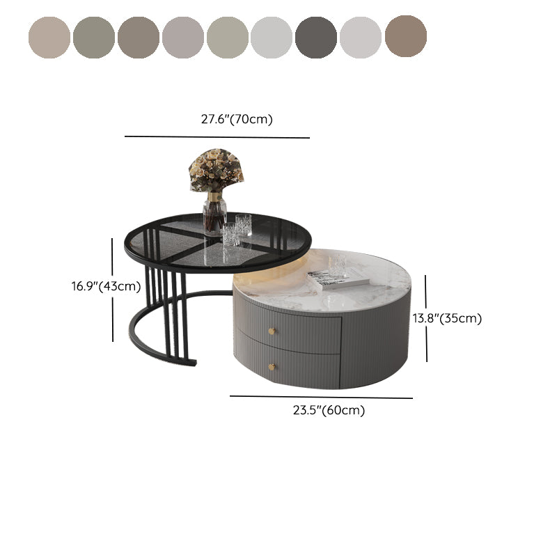 Contemporary Cocktail Table Round Glass / Slate Coffee Table with Drawers