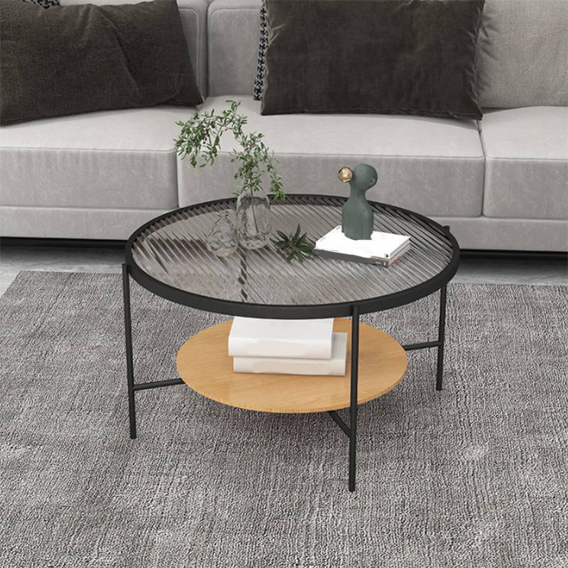 Round Glass Cross Legs Coffee Cocktail Table with Storage Shelf - 17.7" H
