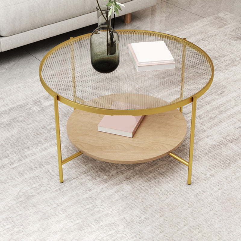 Round Glass Cross Legs Coffee Cocktail Table with Storage Shelf - 17.7" H