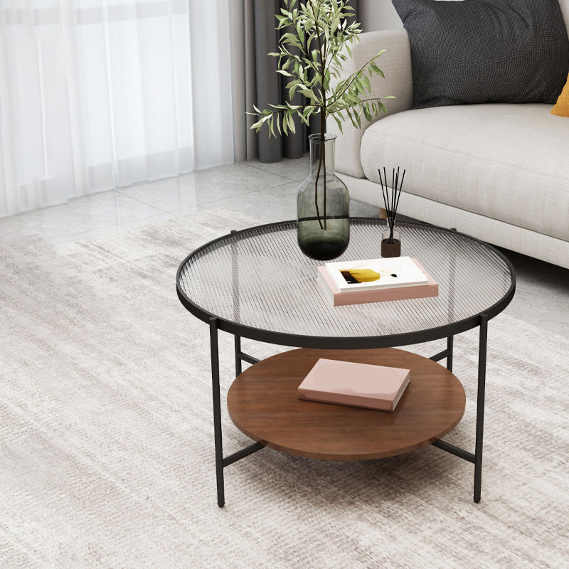 Round Glass Cross Legs Coffee Cocktail Table with Storage Shelf - 17.7" H