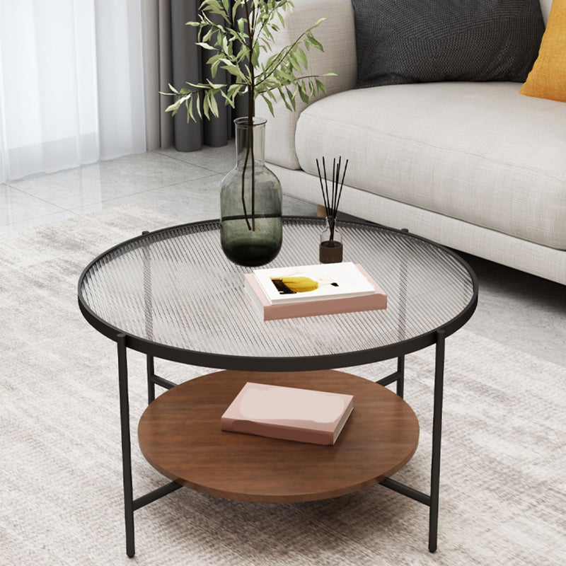 Round Glass Cross Legs Coffee Cocktail Table with Storage Shelf - 17.7" H