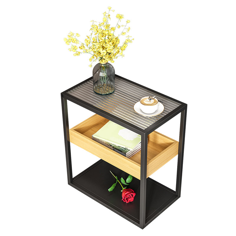Glass Top Sofa Side Accent Table 21.25" High Frame End Table with Shelves