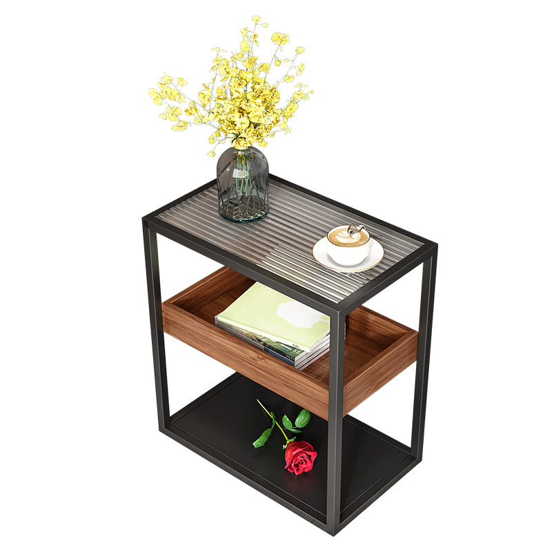 Glass Top Sofa Side Accent Table 21.25" High Frame End Table with Shelves