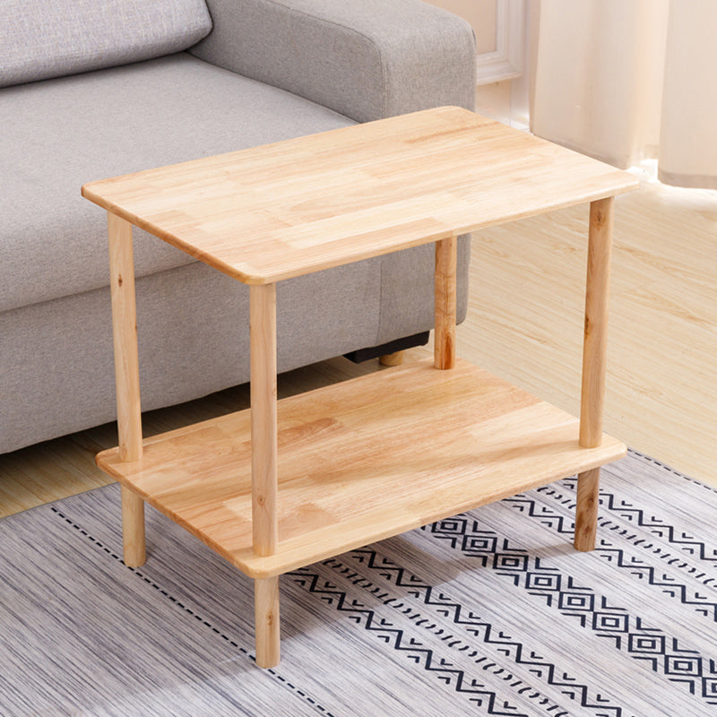 Modern Solid Wood End Slide Table 4 Legs with Shelf Double Tier Side Table