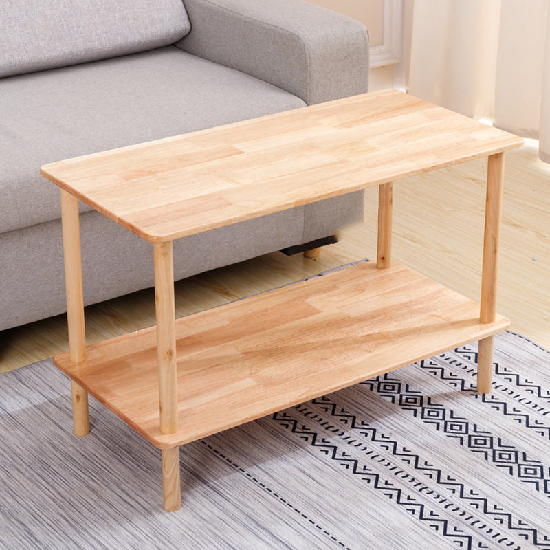 Modern Solid Wood End Slide Table 4 Legs with Shelf Double Tier Side Table