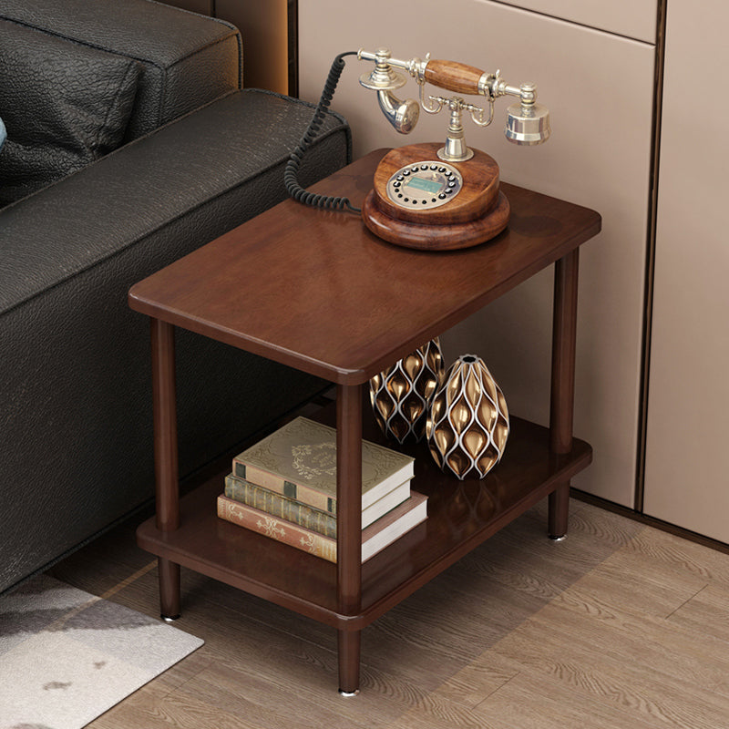 Modern Solid Wood End Slide Table 4 Legs with Shelf Double Tier Side Table
