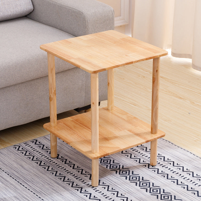 Modern Solid Wood End Slide Table 4 Legs with Shelf Double Tier Side Table
