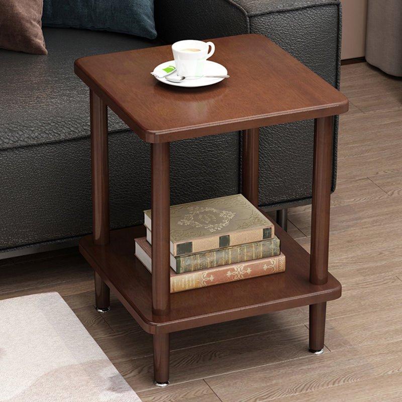 Modern Solid Wood End Slide Table 4 Legs with Shelf Double Tier Side Table