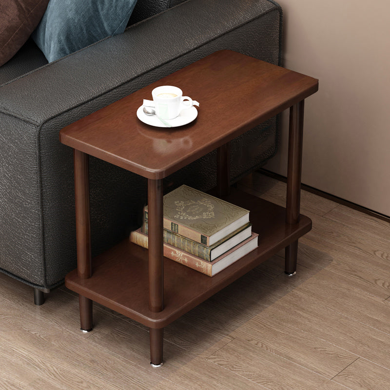 Modern Solid Wood End Slide Table 4 Legs with Shelf Double Tier Side Table