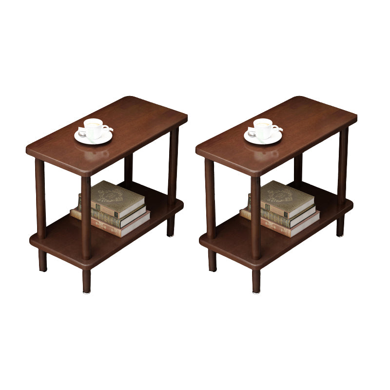 Modern Solid Wood End Slide Table 4 Legs with Shelf Double Tier Side Table
