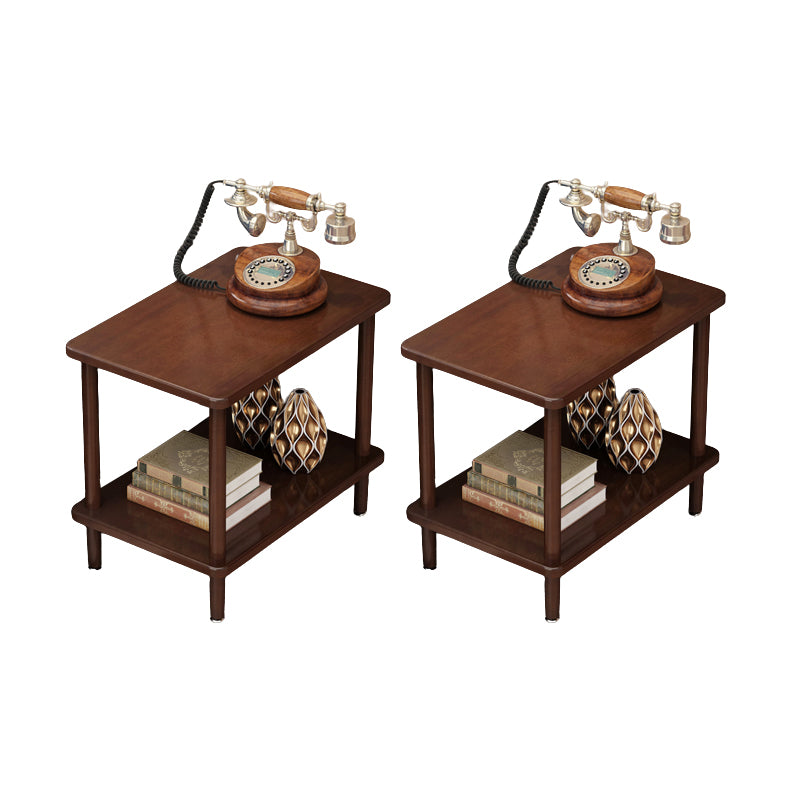 Modern Solid Wood End Slide Table 4 Legs with Shelf Double Tier Side Table