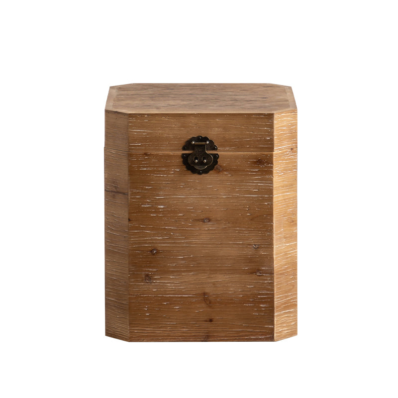 Solid Wood Drum Side Table Brown Side End Snack Table in Distressed Finish