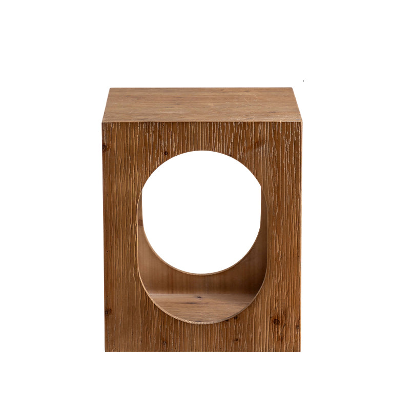 Solid Wood Drum Side Table Brown Side End Snack Table in Distressed Finish